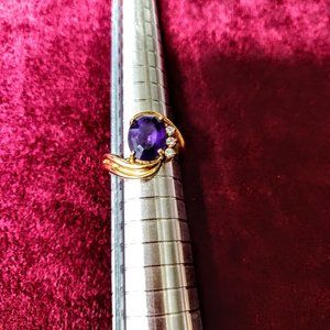 14K Gold Amethyst and Diamonds Ring - Free Shipping